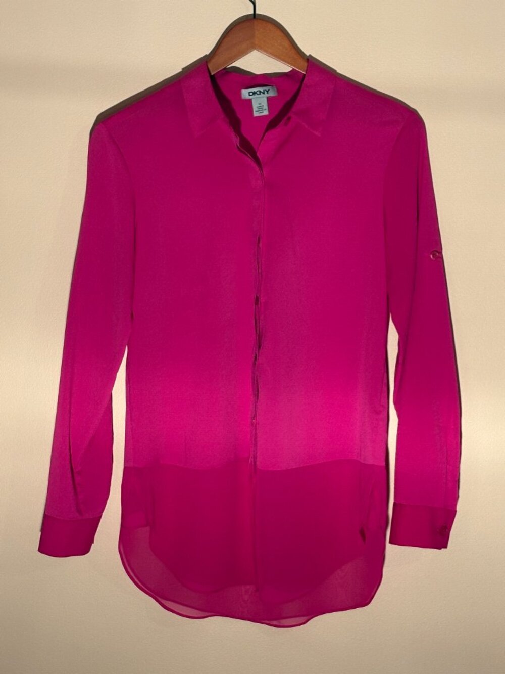 DKNY Hot Pink Fuchsia Roll-Tab Long Sleeve Button Down Blouse - XS